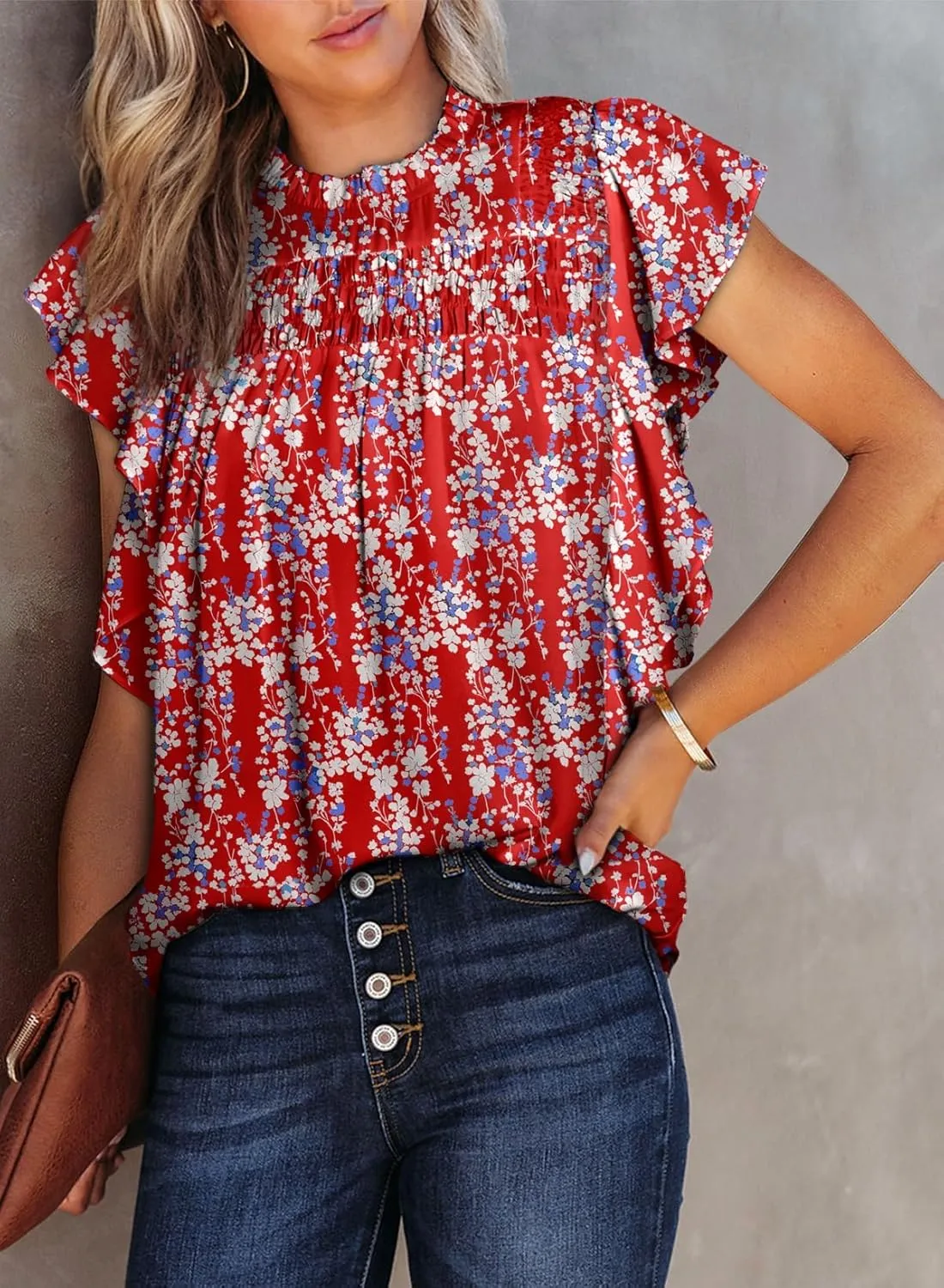 Dokotoo Womens Summer Tops Casual Crewneck Floral Print Shirts Smocked Ruffle Short Sleeve Babydoll Blouses