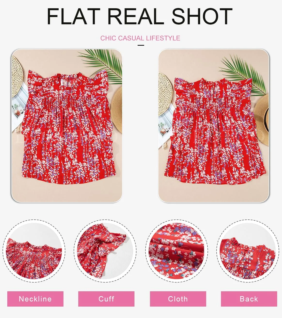 Dokotoo Womens Summer Tops Casual Crewneck Floral Print Shirts Smocked Ruffle Short Sleeve Babydoll Blouses
