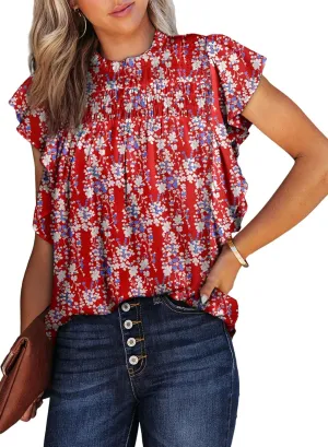 Dokotoo Womens Summer Tops Casual Crewneck Floral Print Shirts Smocked Ruffle Short Sleeve Babydoll Blouses