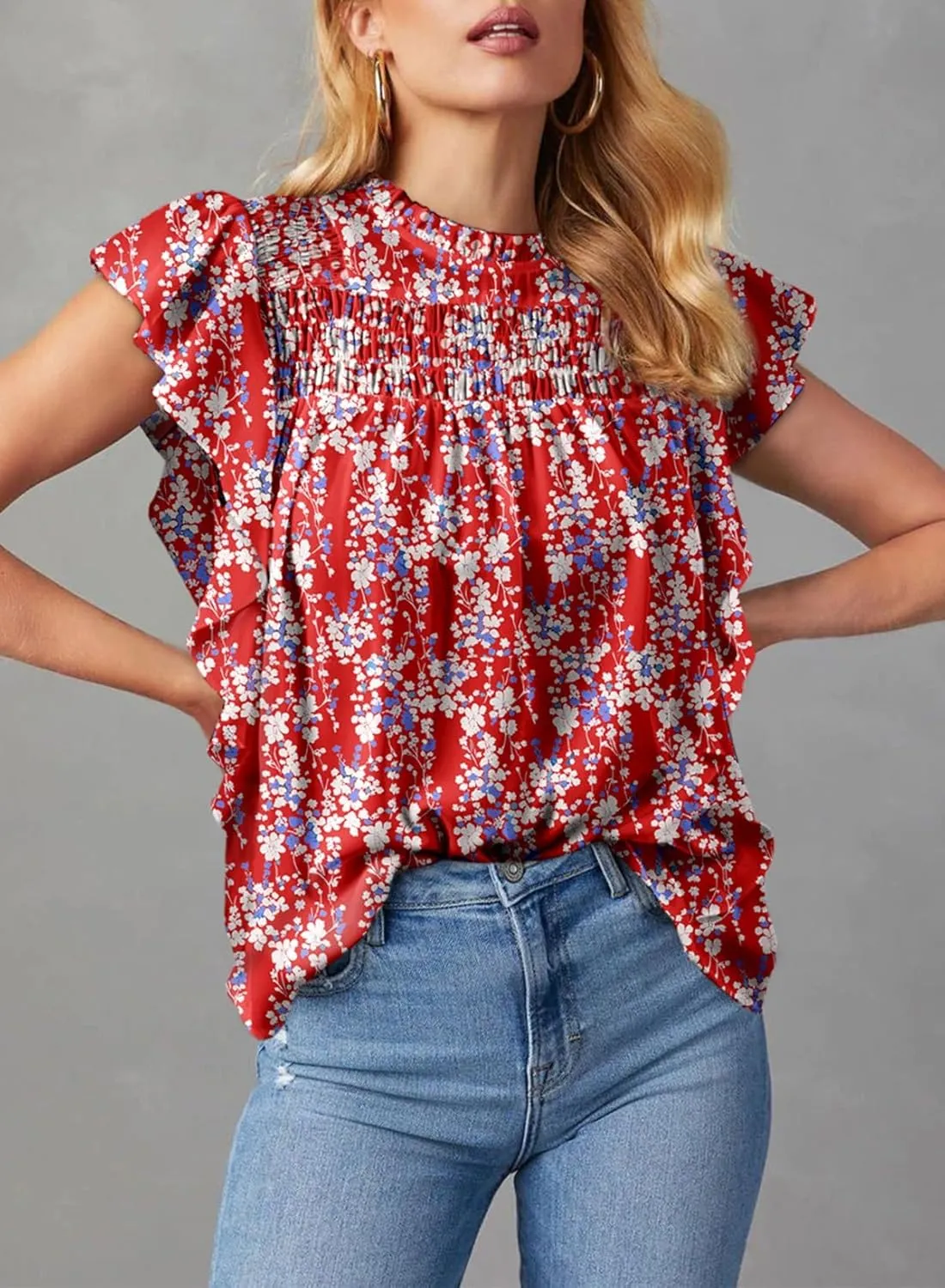 Dokotoo Womens Summer Tops Casual Crewneck Floral Print Shirts Smocked Ruffle Short Sleeve Babydoll Blouses