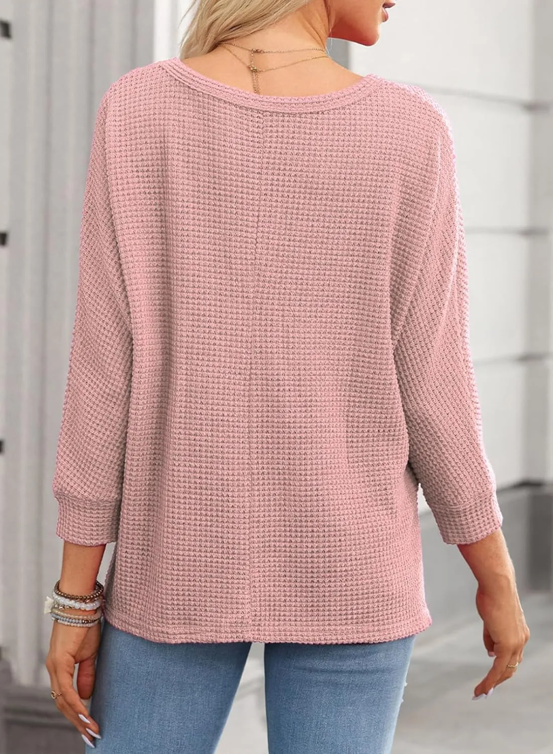 Dokotoo Womens Waffle Knit Tops Spring Fashion 2025 Long Sleeve Casual Blouses Crewneck Oversized T Shirts