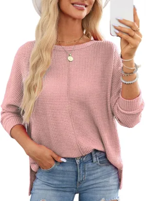 Dokotoo Womens Waffle Knit Tops Spring Fashion 2025 Long Sleeve Casual Blouses Crewneck Oversized T Shirts