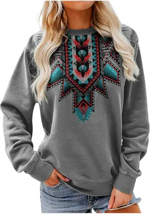 DOLKFU Women's Western Aztec Sweatshirt Long Sleeve Hoodie Pullover Vintage Tops Sweater Ethnic Graphic Fall 2022 Tees Tops
