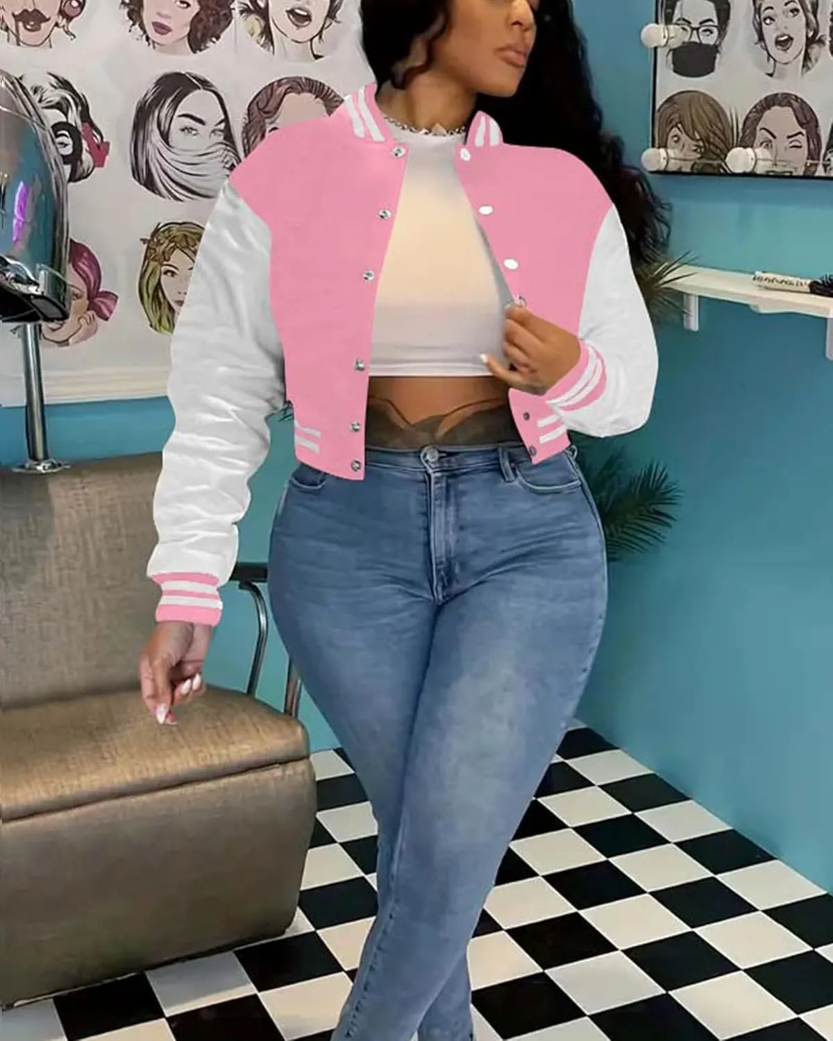 Doweha Women Faux Leather Jacket Light Moto Bomber Jackets Cropped Letterman Baseball Jacket Fall Coat with Pockets
