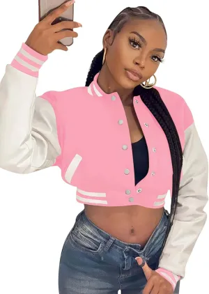 Doweha Women Faux Leather Jacket Light Moto Bomber Jackets Cropped Letterman Baseball Jacket Fall Coat with Pockets
