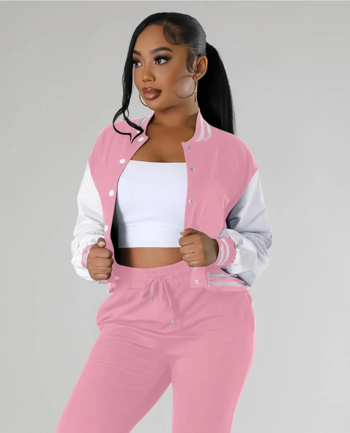 Doweha Women Faux Leather Jacket Light Moto Bomber Jackets Cropped Letterman Baseball Jacket Fall Coat with Pockets