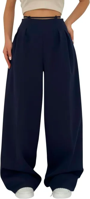 Dress Suit Pants for Women Flat Front Pleated High Waist Wide Leg Trousers Casual Loose Fit Breathable Business Pants