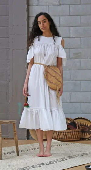 DUK-DUK PLEATED RUFFLE MIDI DRESS