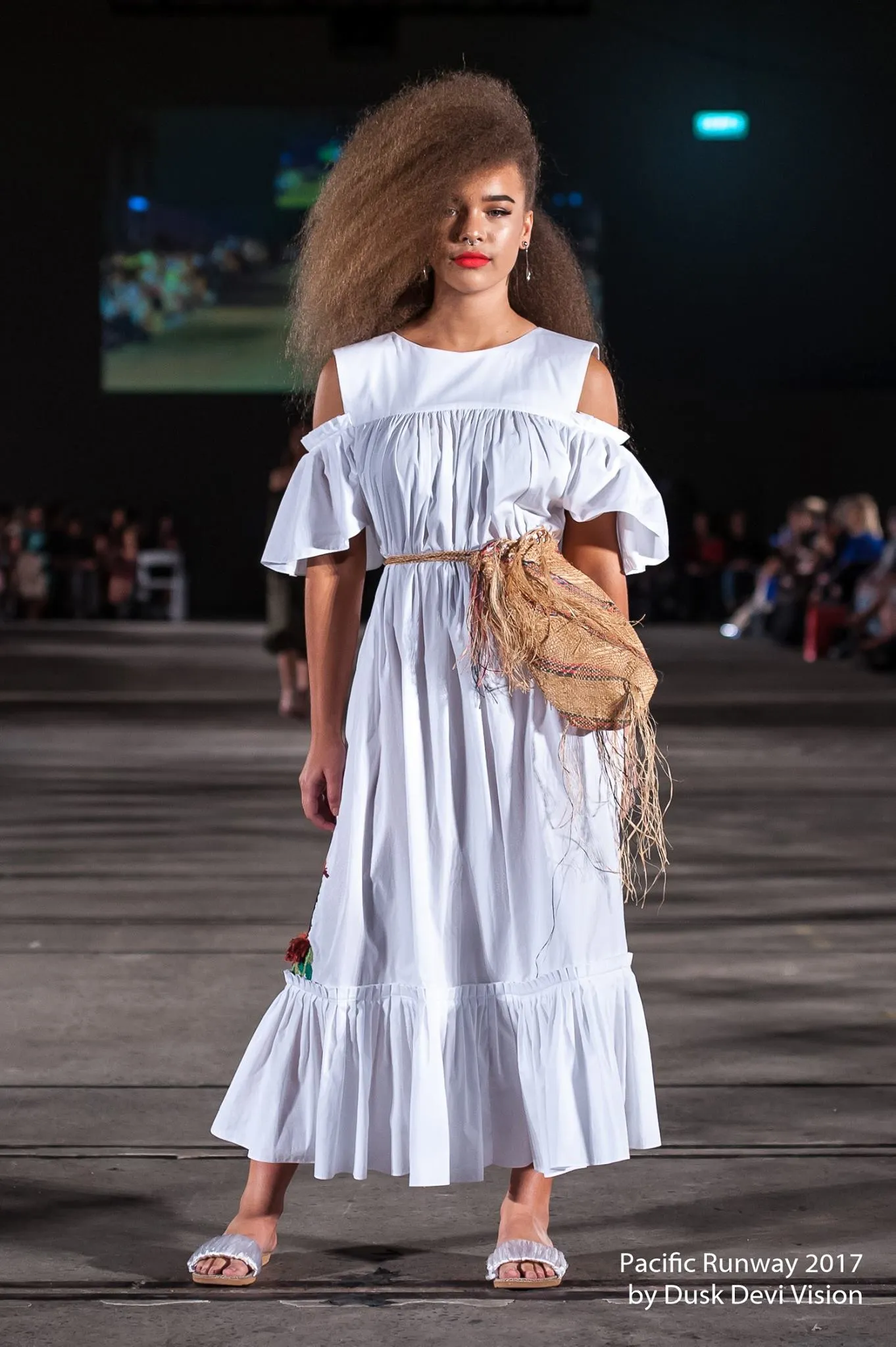 DUK-DUK PLEATED RUFFLE MIDI DRESS