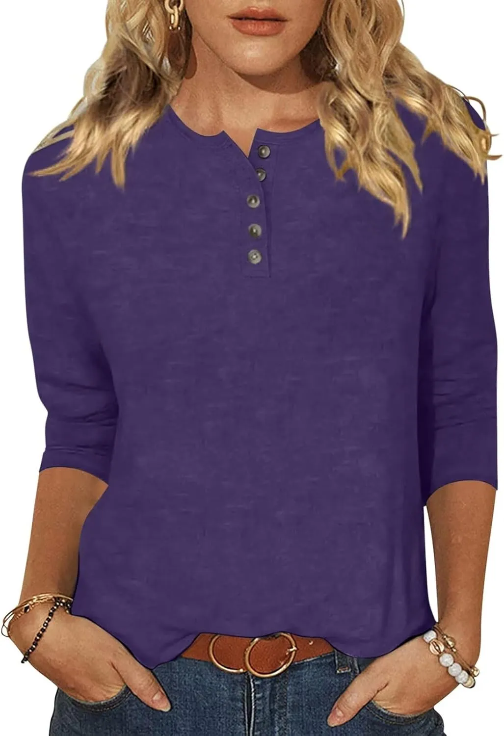 EADINVE Womens Crew Neck 3/4 Sleeve Tops Basic Button T-Shirts Solid Loose Cute Tunic Tee Blouses Fit Pullover