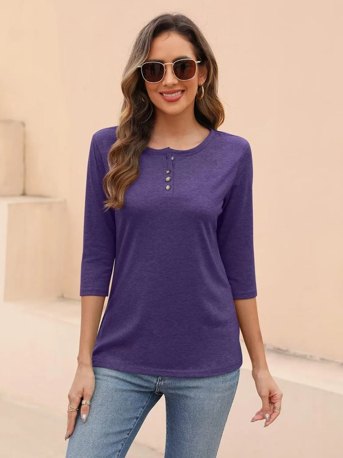 EADINVE Womens Crew Neck 3/4 Sleeve Tops Basic Button T-Shirts Solid Loose Cute Tunic Tee Blouses Fit Pullover