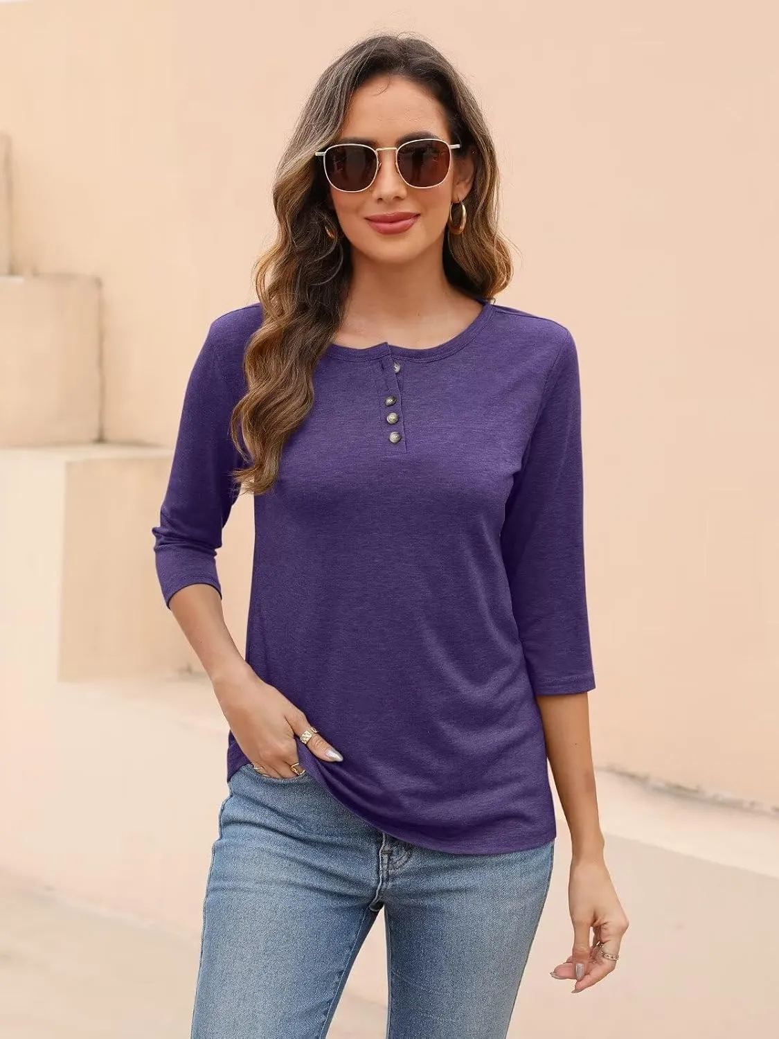 EADINVE Womens Crew Neck 3/4 Sleeve Tops Basic Button T-Shirts Solid Loose Cute Tunic Tee Blouses Fit Pullover