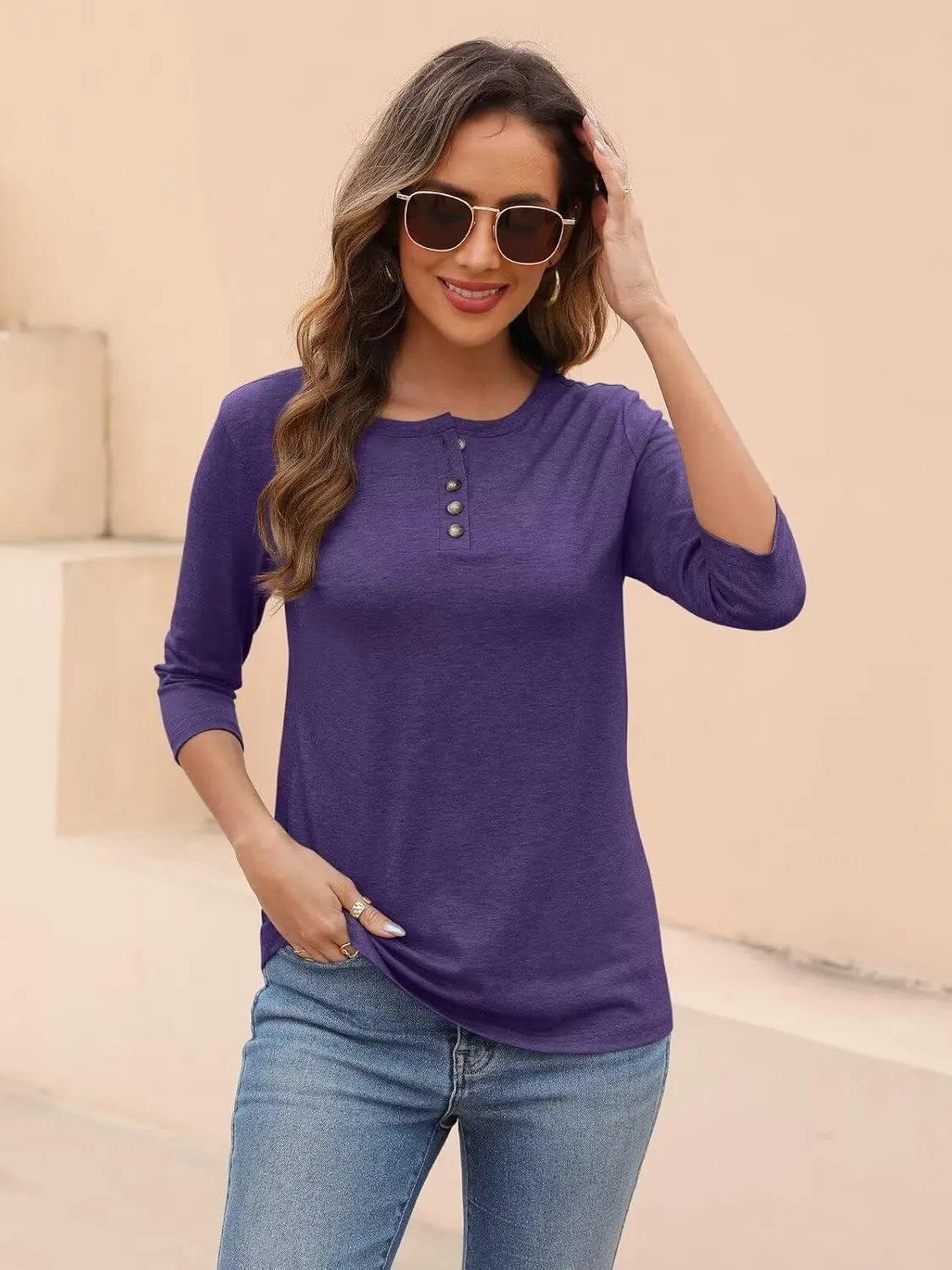 EADINVE Womens Crew Neck 3/4 Sleeve Tops Basic Button T-Shirts Solid Loose Cute Tunic Tee Blouses Fit Pullover