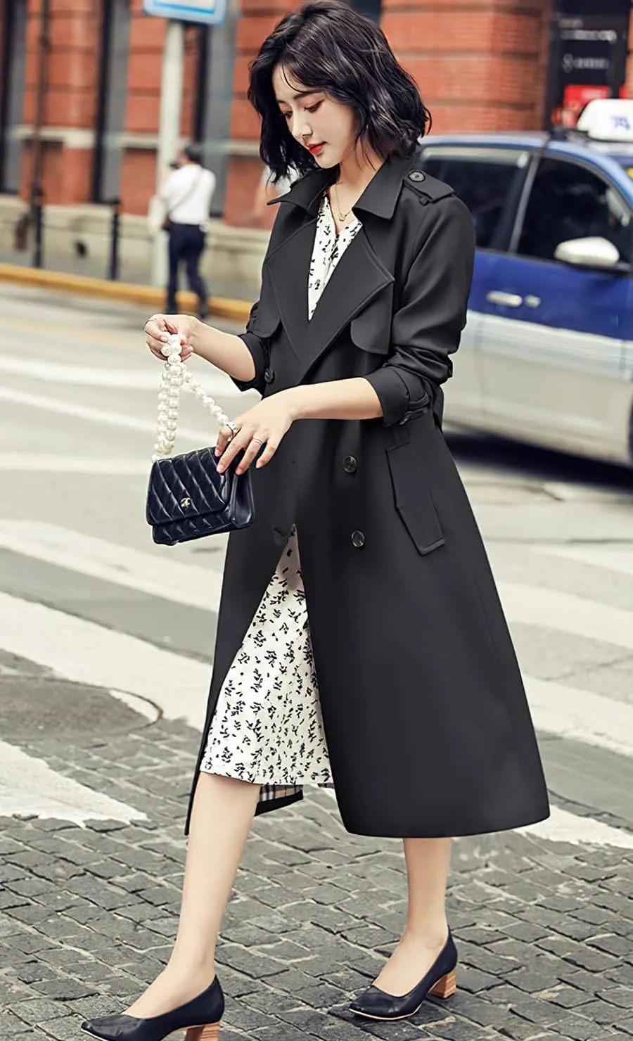 ebossy Women's Notched Lapel Double Breasted Duster Slim Mid Long Trench Coat with Belt
