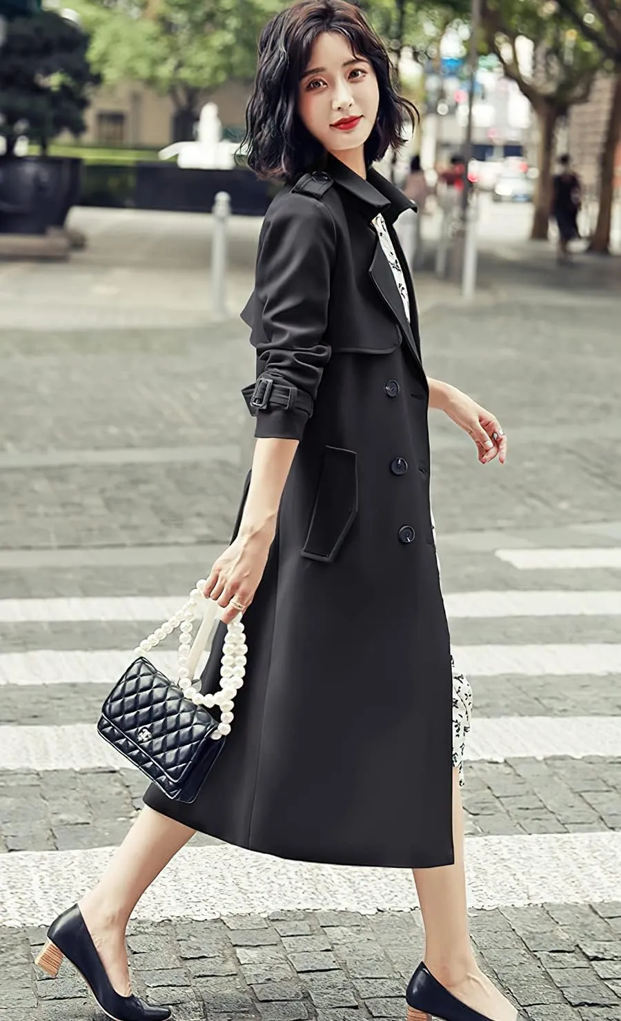 ebossy Women's Notched Lapel Double Breasted Duster Slim Mid Long Trench Coat with Belt
