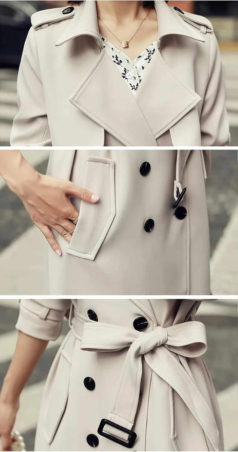 ebossy Women's Notched Lapel Double Breasted Duster Slim Mid Long Trench Coat with Belt