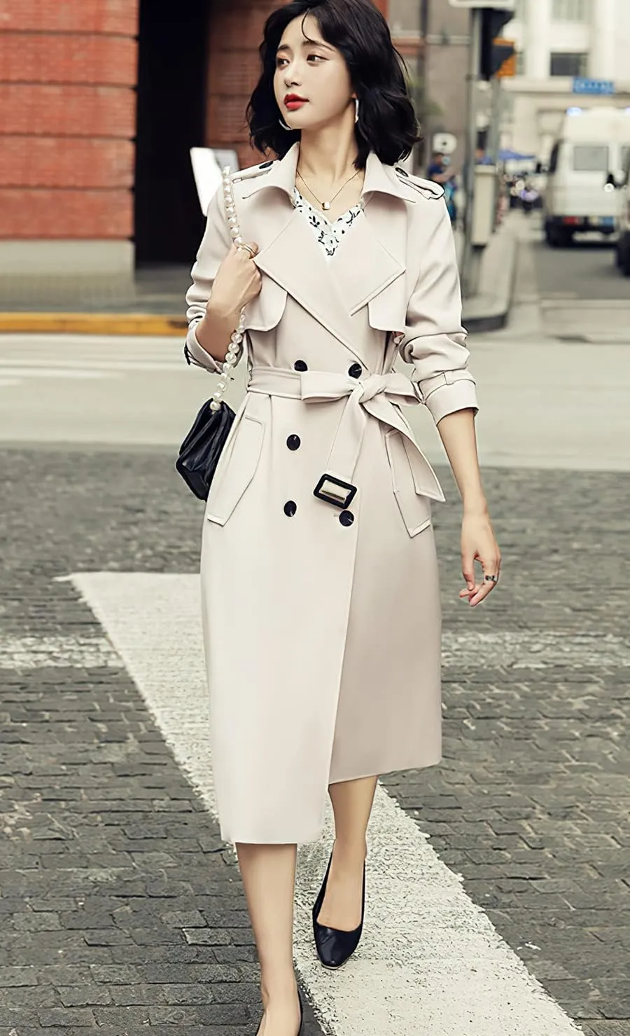 ebossy Women's Notched Lapel Double Breasted Duster Slim Mid Long Trench Coat with Belt