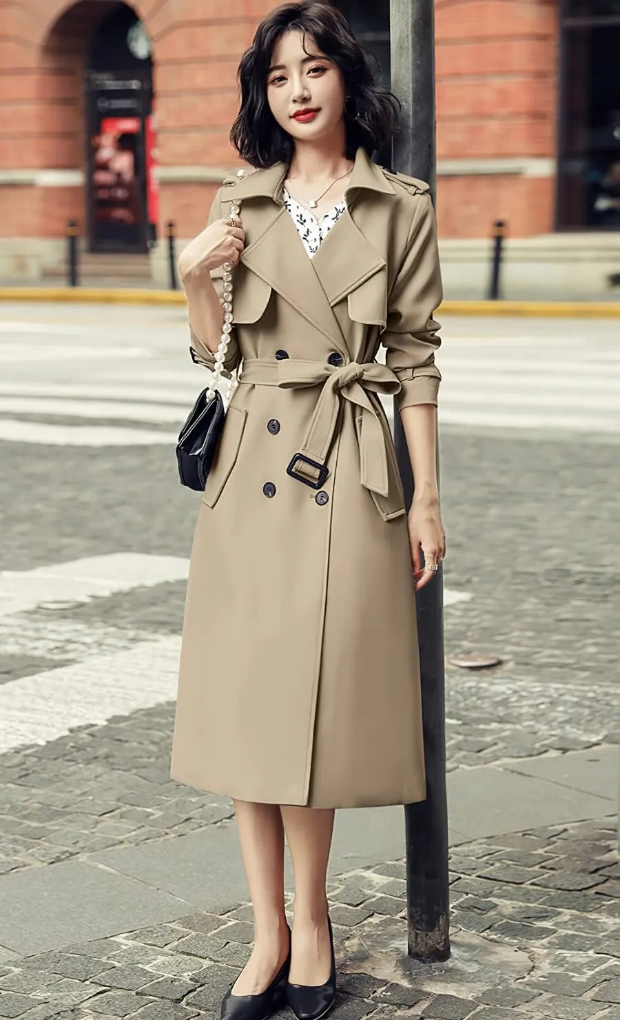 ebossy Women's Notched Lapel Double Breasted Duster Slim Mid Long Trench Coat with Belt