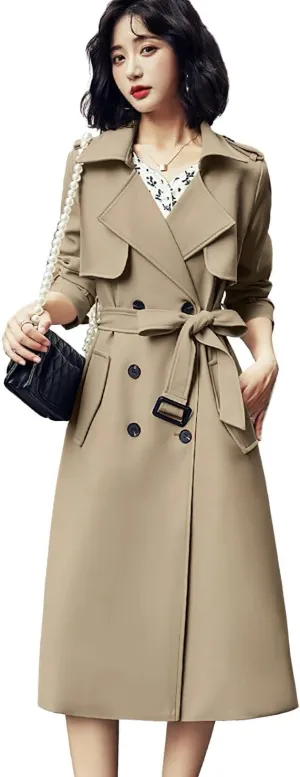 ebossy Women's Notched Lapel Double Breasted Duster Slim Mid Long Trench Coat with Belt