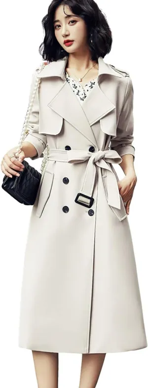 ebossy Women's Notched Lapel Double Breasted Duster Slim Mid Long Trench Coat with Belt