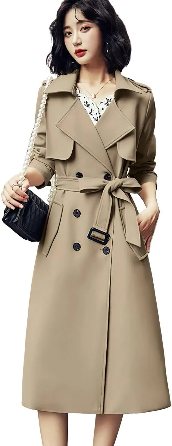 ebossy Women's Notched Lapel Double Breasted Duster Slim Mid Long Trench Coat with Belt