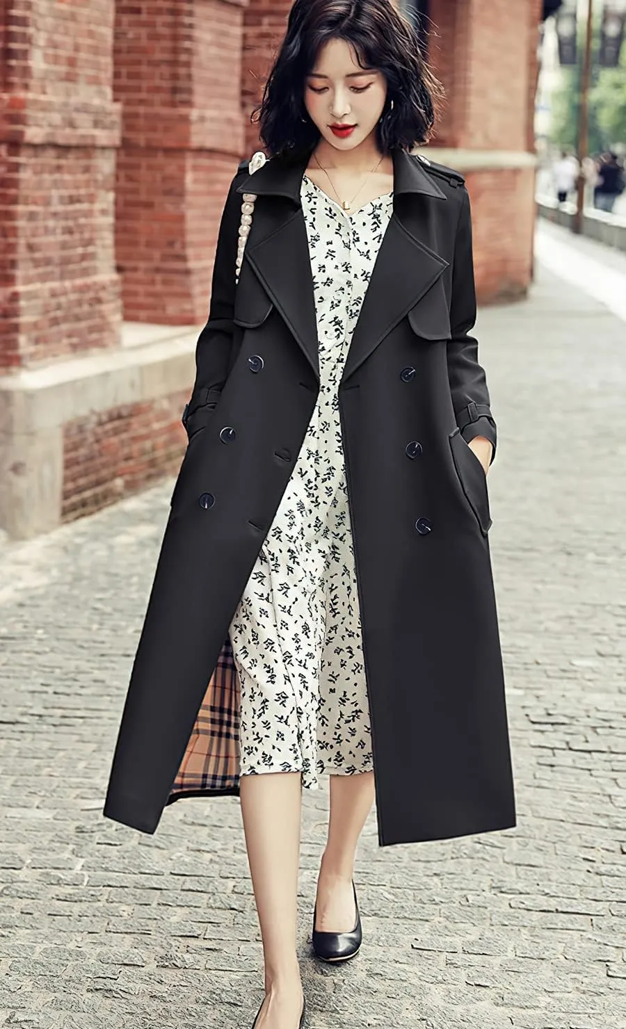 ebossy Women's Notched Lapel Double Breasted Duster Slim Mid Long Trench Coat with Belt