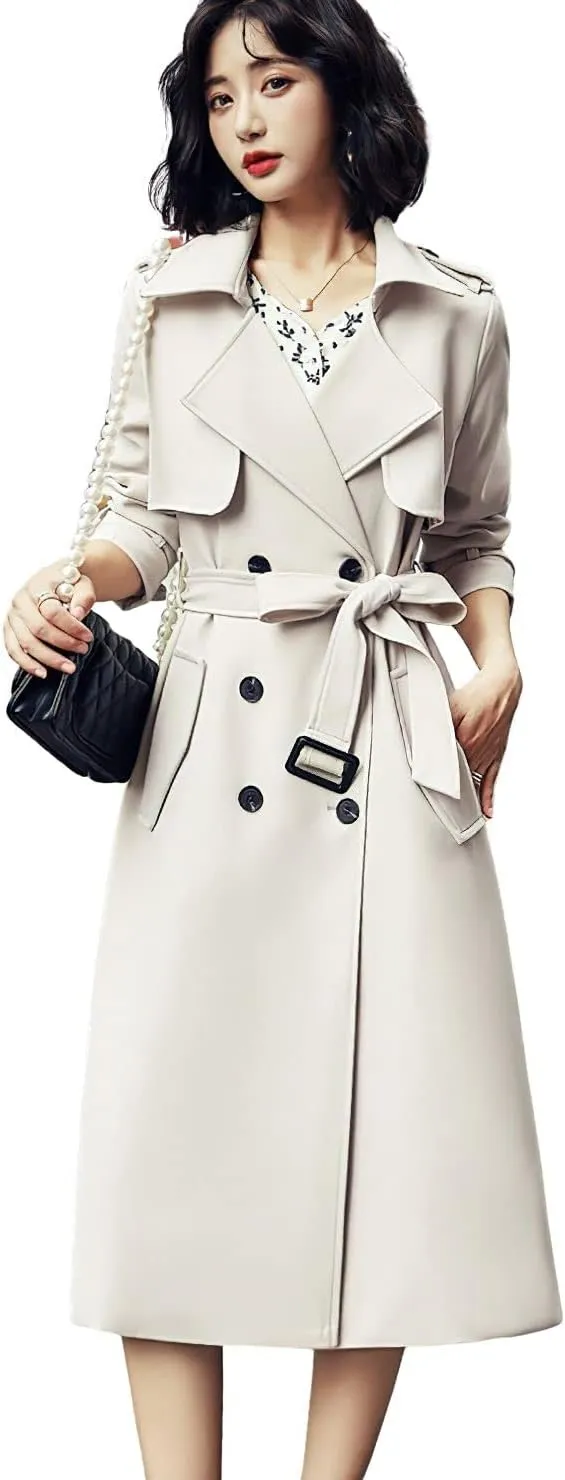 ebossy Women's Notched Lapel Double Breasted Duster Slim Mid Long Trench Coat with Belt