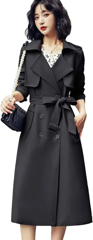 ebossy Women's Notched Lapel Double Breasted Duster Slim Mid Long Trench Coat with Belt