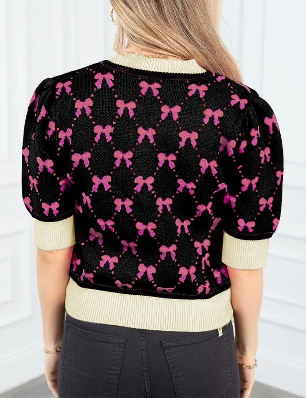 Ecosunny Women's Casual Round Neck Short Sleeve Shirts Bow Print Sweater Loose Tunic Blouses Tops
