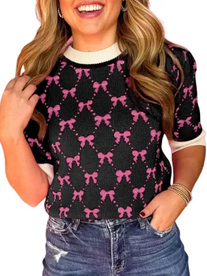 Ecosunny Women's Casual Round Neck Short Sleeve Shirts Bow Print Sweater Loose Tunic Blouses Tops