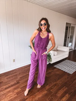 Eggplant Ruched Bodice Jumpsuit with Tie Back