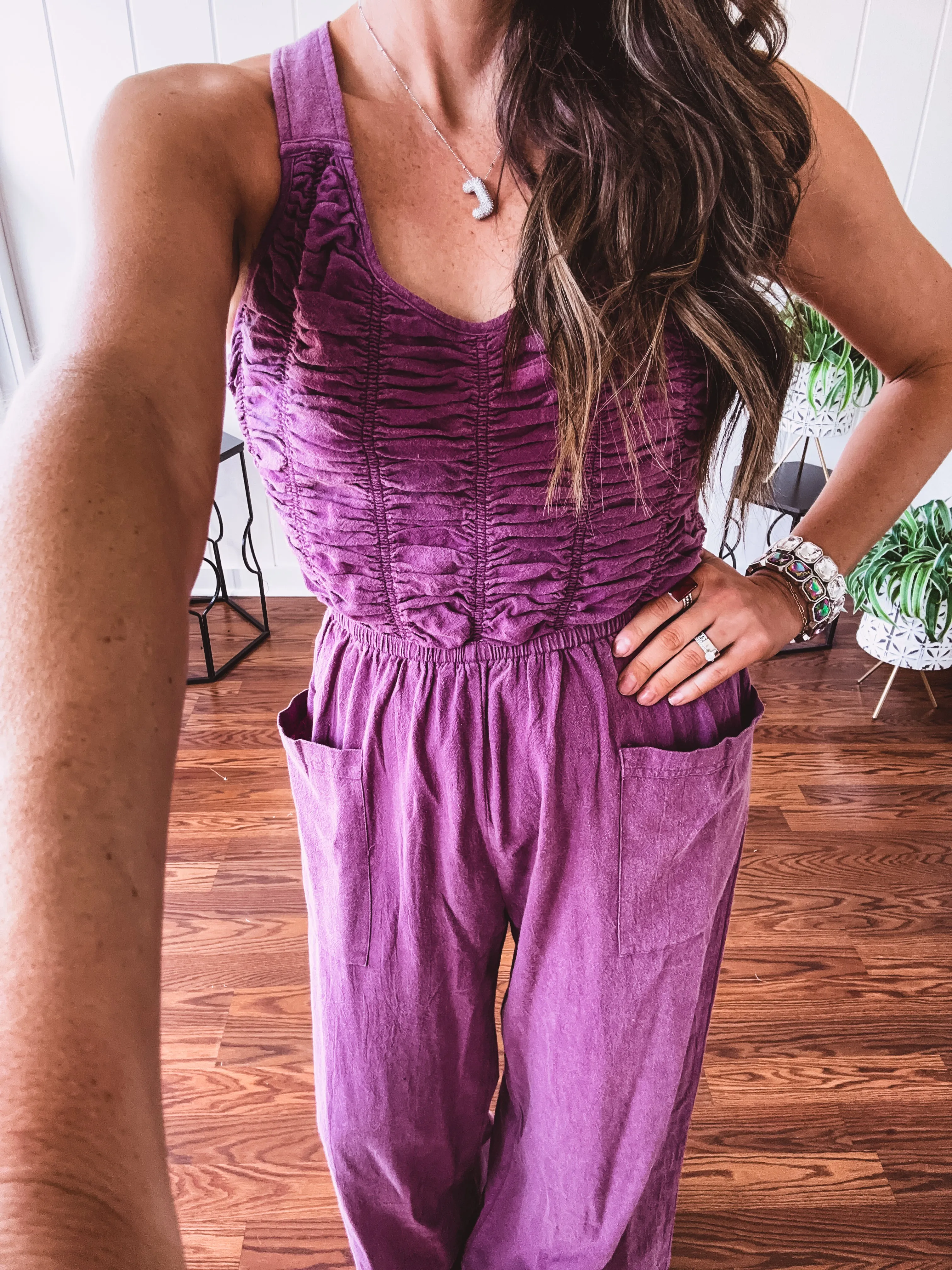Eggplant Ruched Bodice Jumpsuit with Tie Back