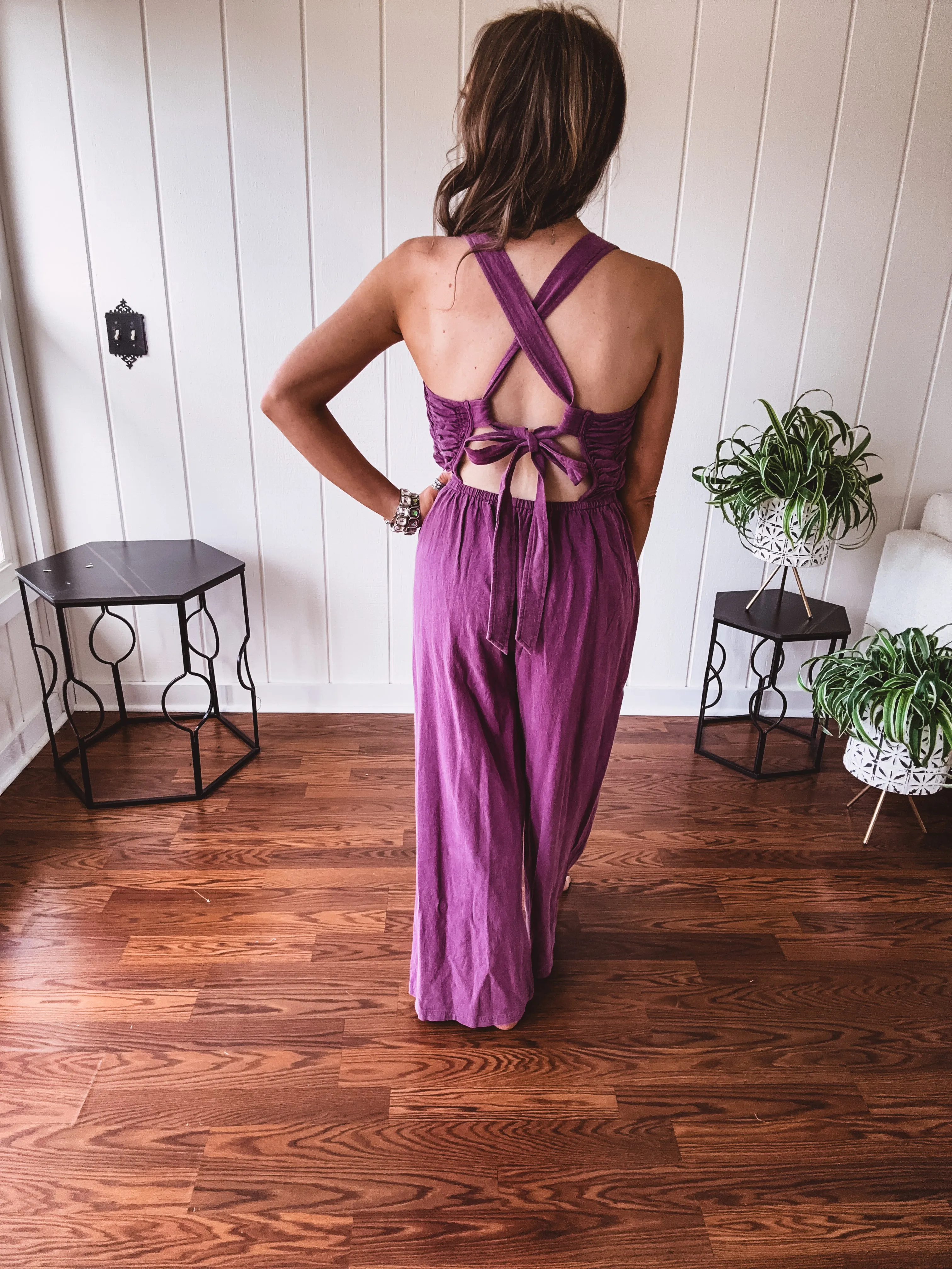 Eggplant Ruched Bodice Jumpsuit with Tie Back