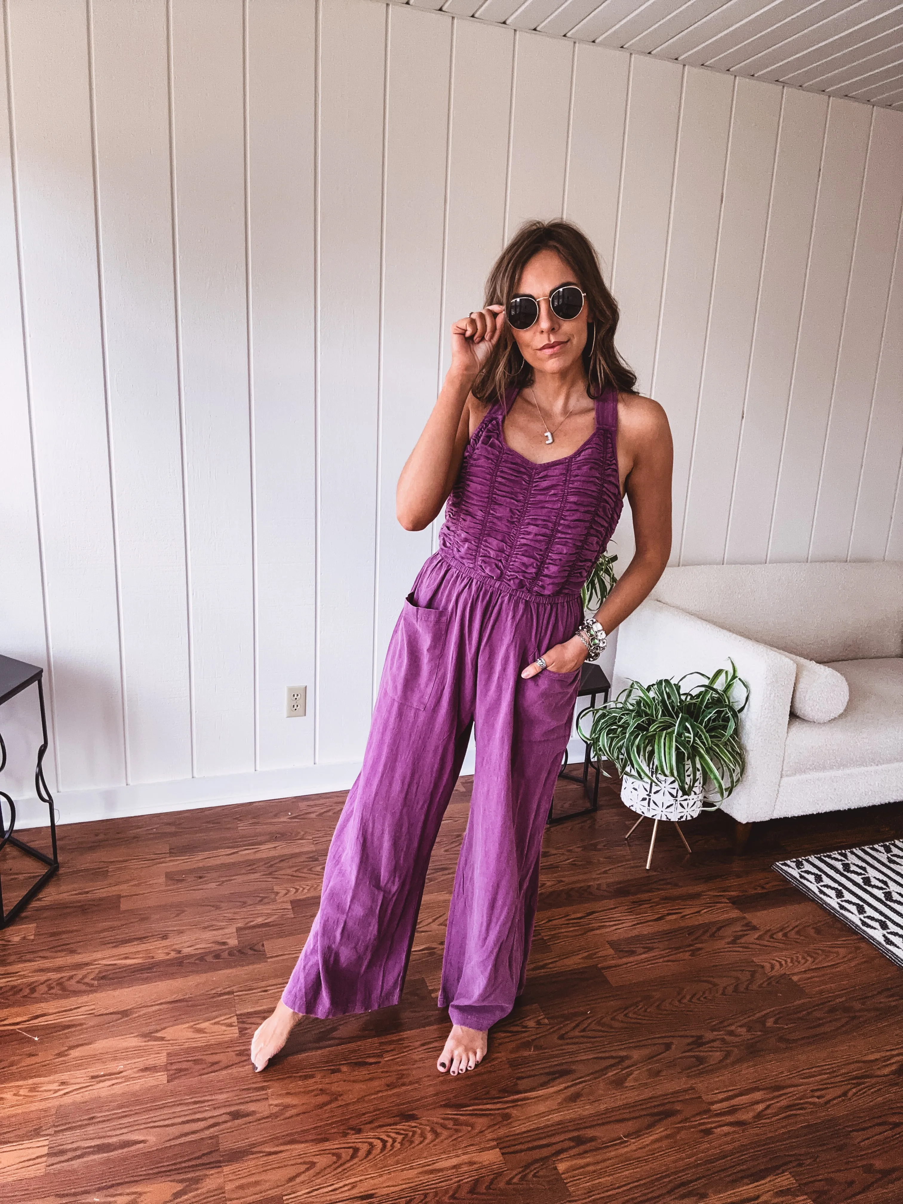 Eggplant Ruched Bodice Jumpsuit with Tie Back