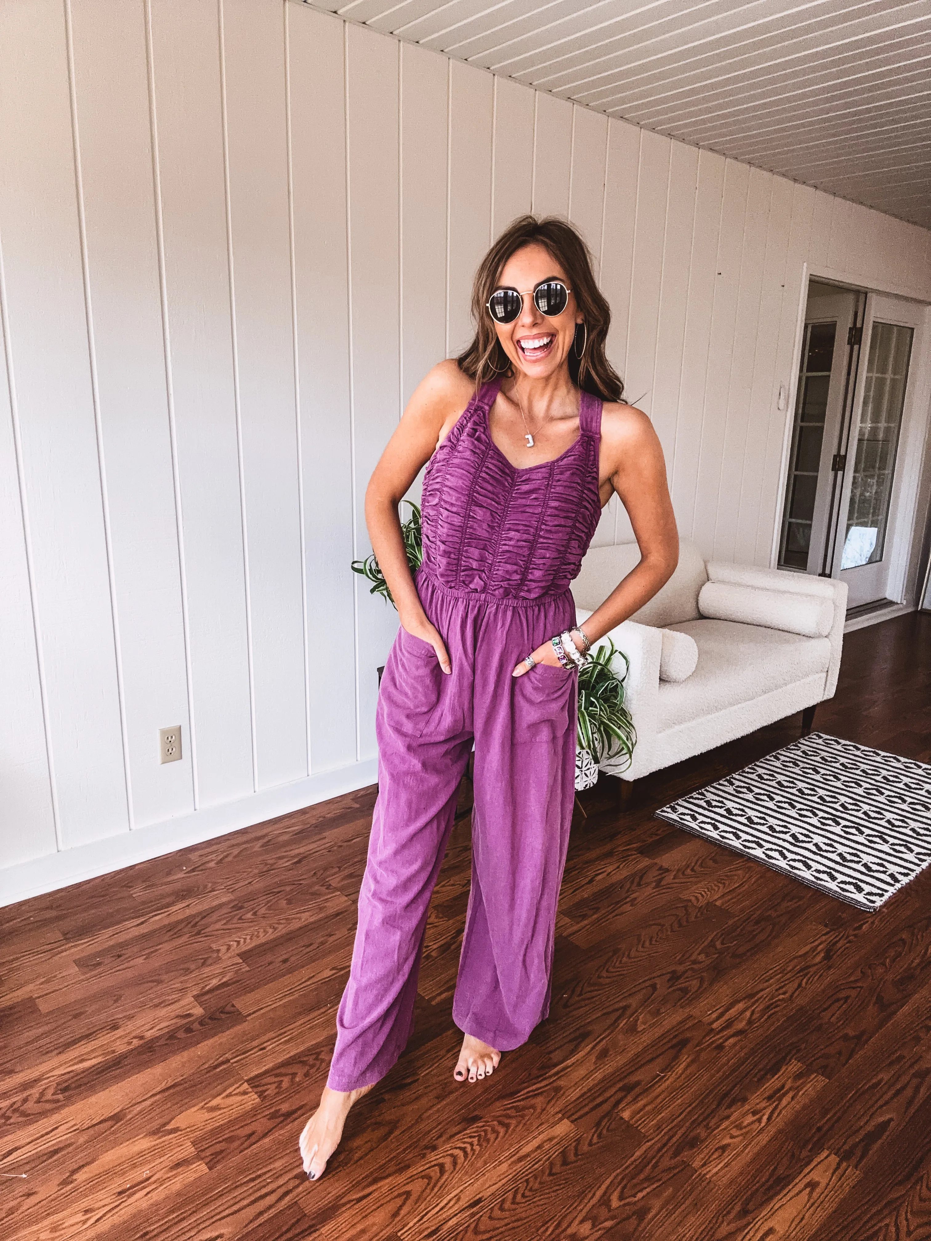 Eggplant Ruched Bodice Jumpsuit with Tie Back