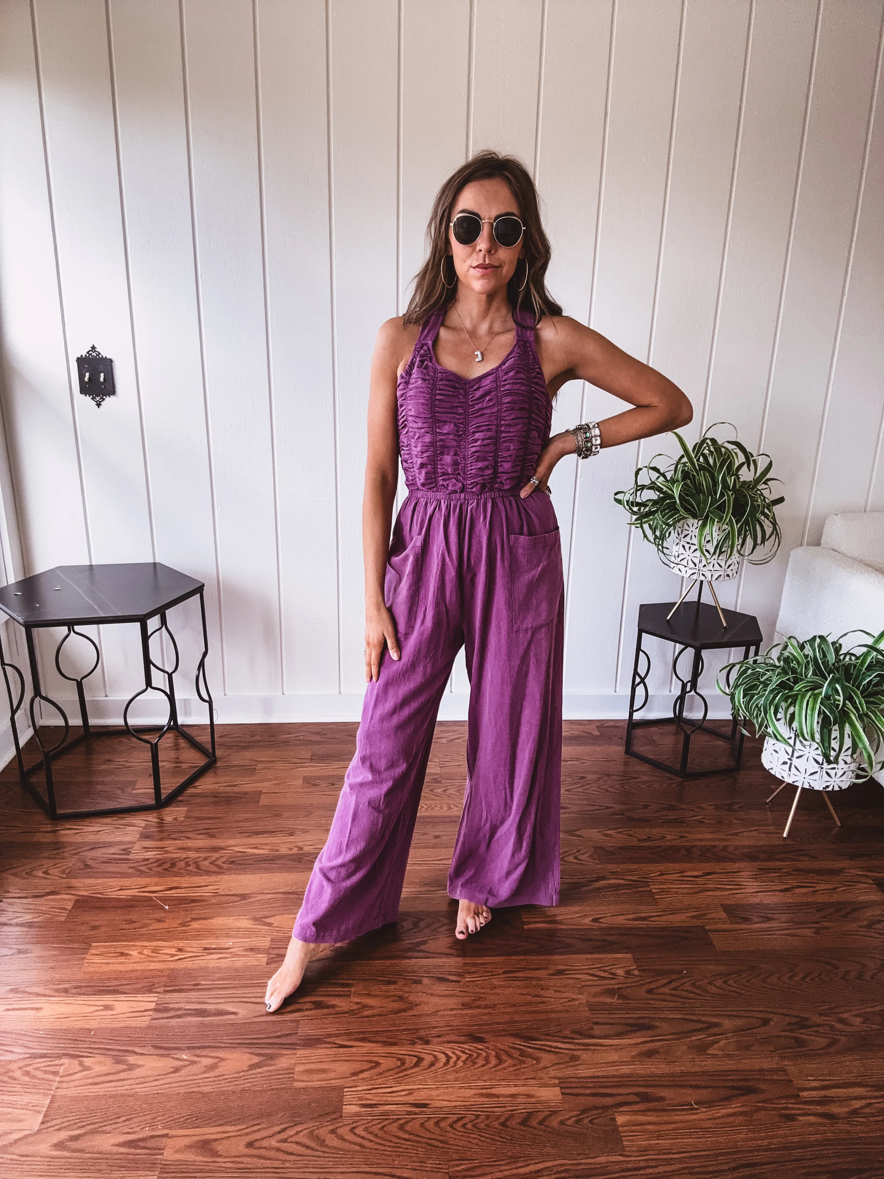Eggplant Ruched Bodice Jumpsuit with Tie Back