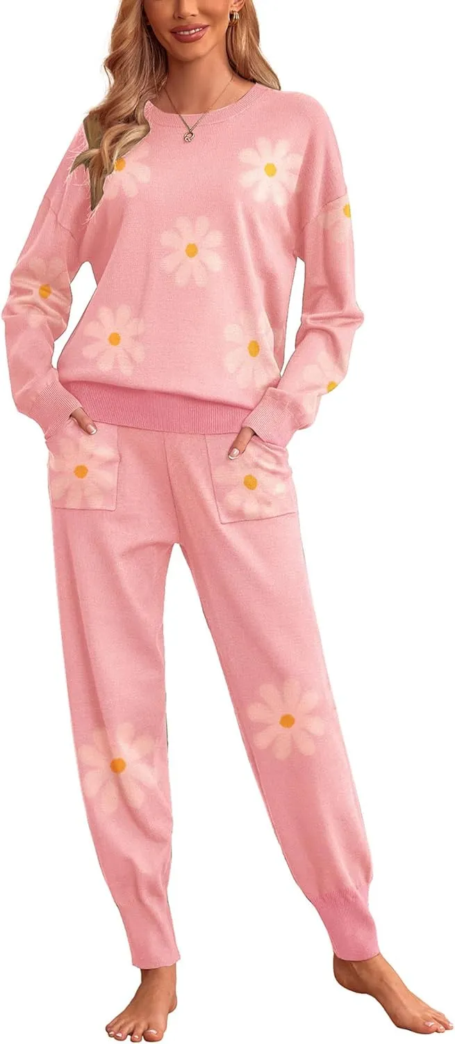 Ekouaer Women's 2 Piece Lounge Set Long Sleeve Knit Pajamas Sweatsuit Jogger Pant Outfits With Pockets S-XXL