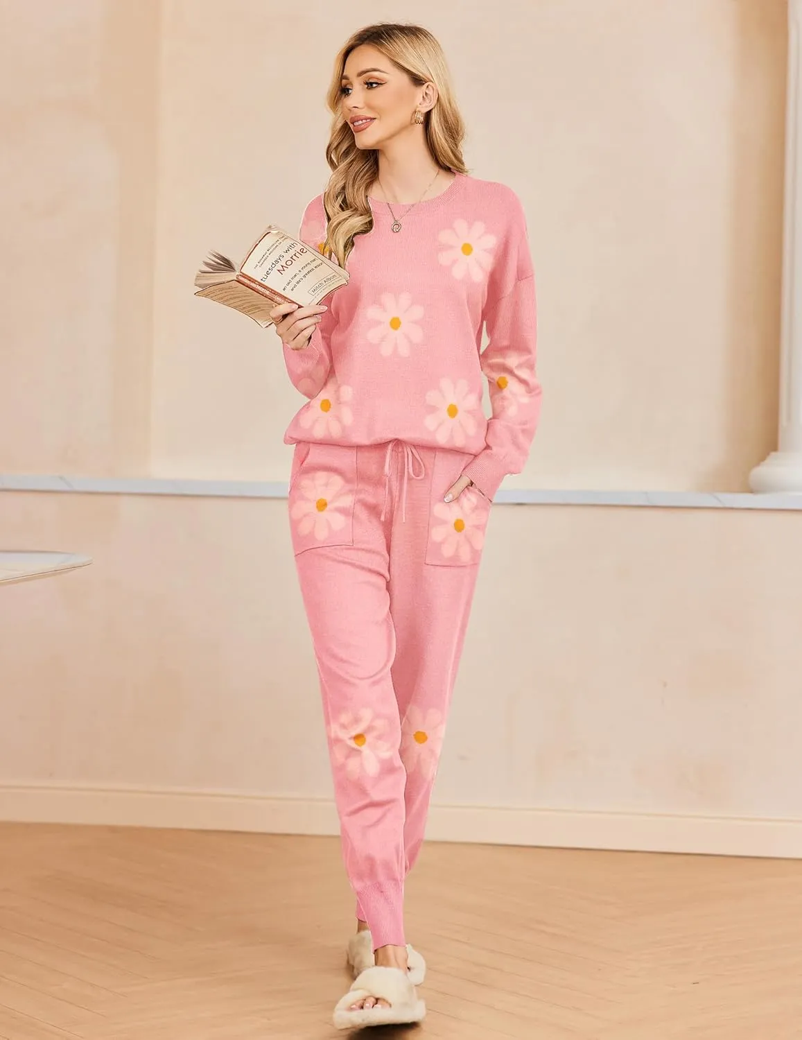 Ekouaer Women's 2 Piece Lounge Set Long Sleeve Knit Pajamas Sweatsuit Jogger Pant Outfits With Pockets S-XXL