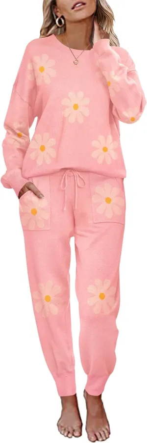 Ekouaer Women's 2 Piece Lounge Set Long Sleeve Knit Pajamas Sweatsuit Jogger Pant Outfits With Pockets S-XXL