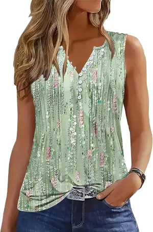 ETCYY Tank Tops for Women 2025 Summer Pleated Tunic Loose Fit Sleeveless Shirts Dressy Casual V Neck Button Down Blouses