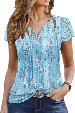 ETCYY Womens T Shirts Short Sleeve Spring 2025 Fashion Summer Tank Top V-Neck Button Down Floral Dressy Casual Blouses