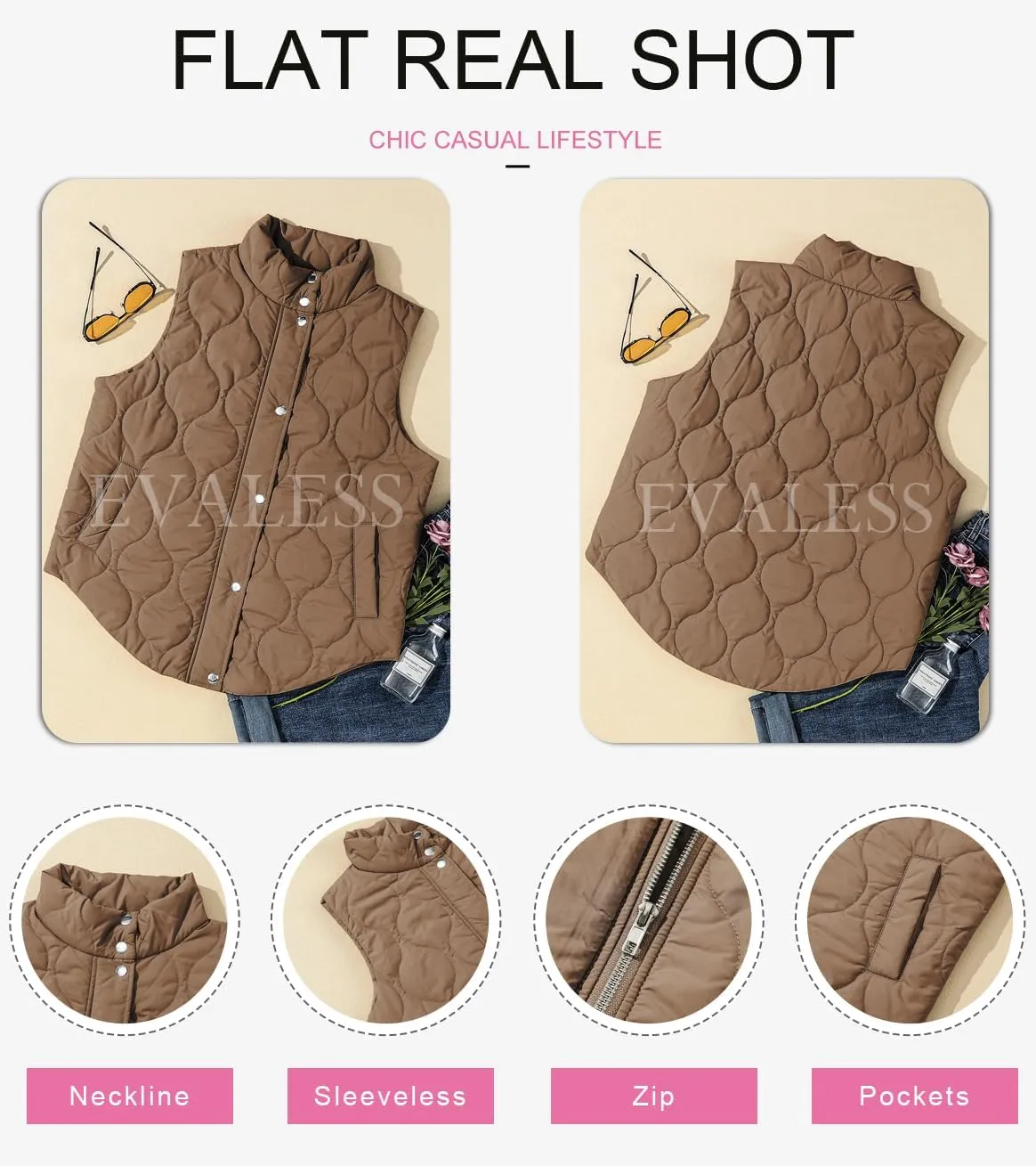 EVALESS Cropped Puffer Vest Women Lightweight Quilted Stand Collar Sleeveless Jackets Fall Spring 2025 Button Zip Up Coat