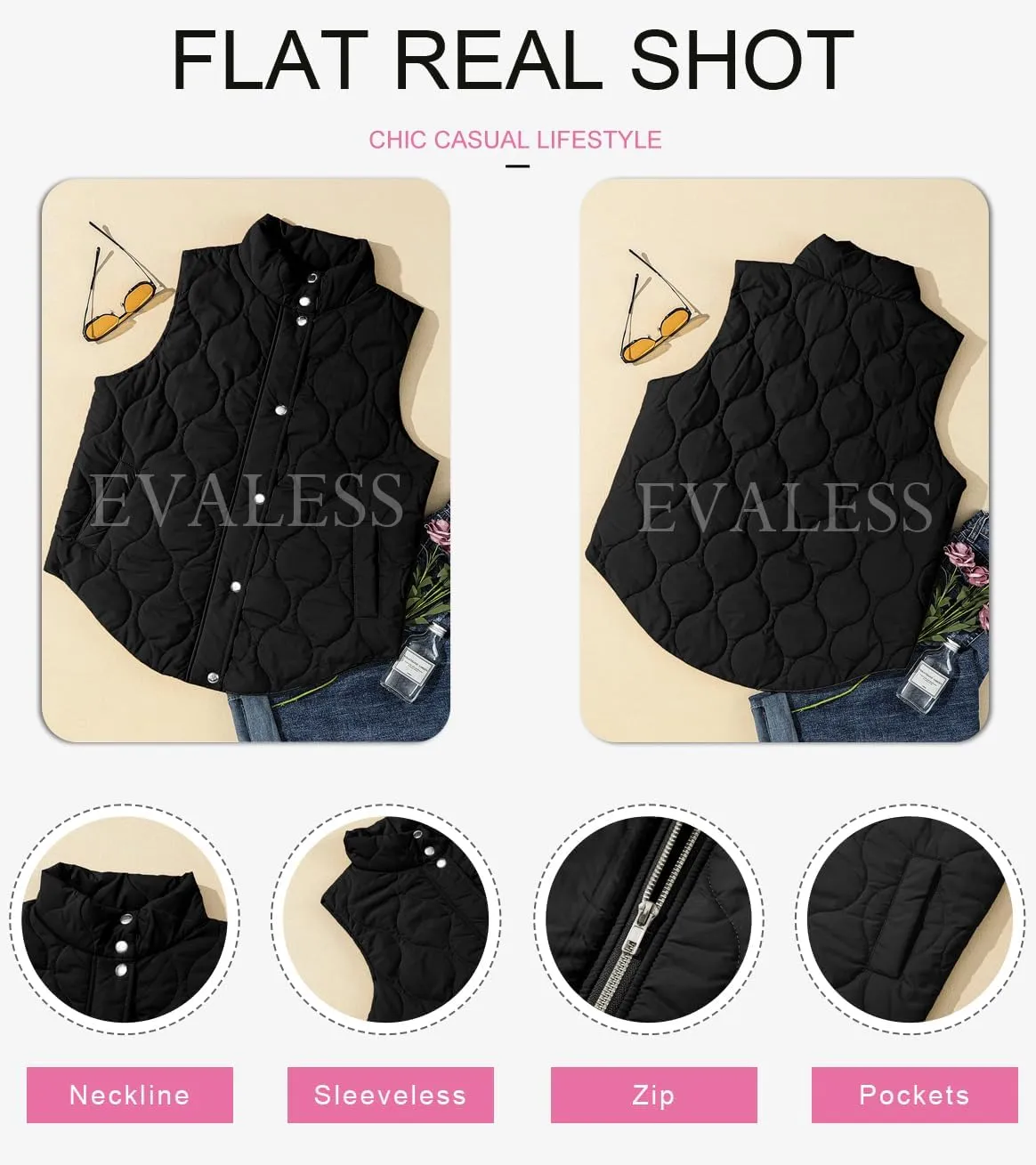 EVALESS Cropped Puffer Vest Women Lightweight Quilted Stand Collar Sleeveless Jackets Fall Spring 2025 Button Zip Up Coat