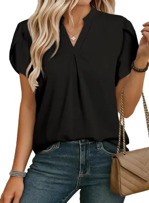 EVALESS Women's Dressy Casual Business Work Chiffon Blouses Tops Summer V Neck Cute Loose Petal Short Sleeve T-Shirts