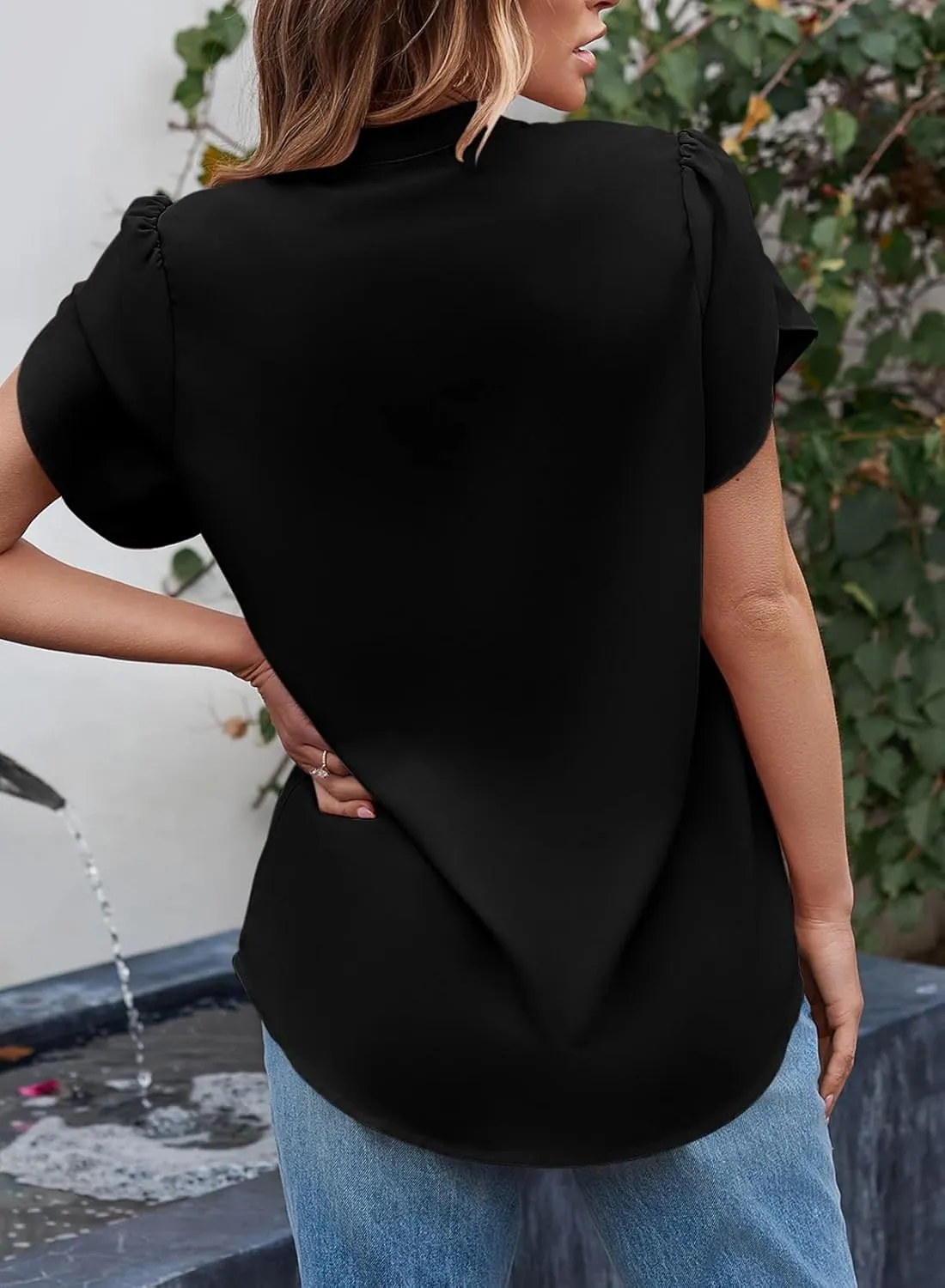 EVALESS Women's Dressy Casual Business Work Chiffon Blouses Tops Summer V Neck Cute Loose Petal Short Sleeve T-Shirts