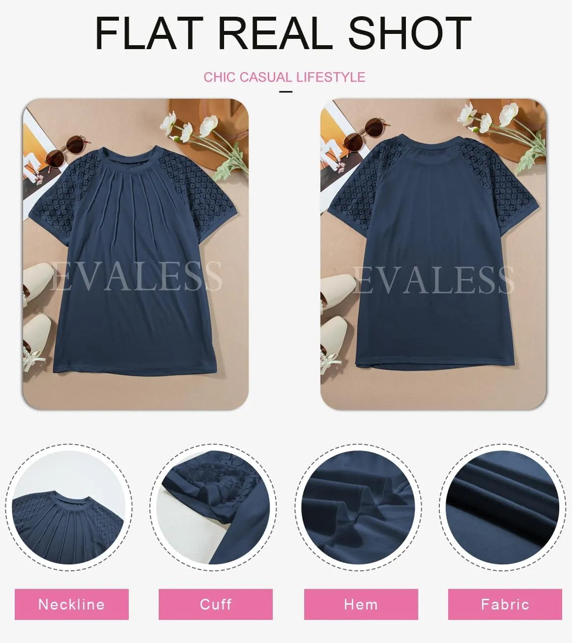 EVALESS Womens Fashion Tops Crewneck Sexy Patchwork Lace Short Sleeve Tee Shirts Casual Knitted Blouses