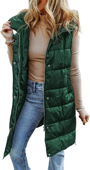 EVALESS Womens Long Puffer Vest Quilted Hooded Sleeveless Zip Up Down Jacket Winter Warm Lightweight Gilet Coat Outerwear
