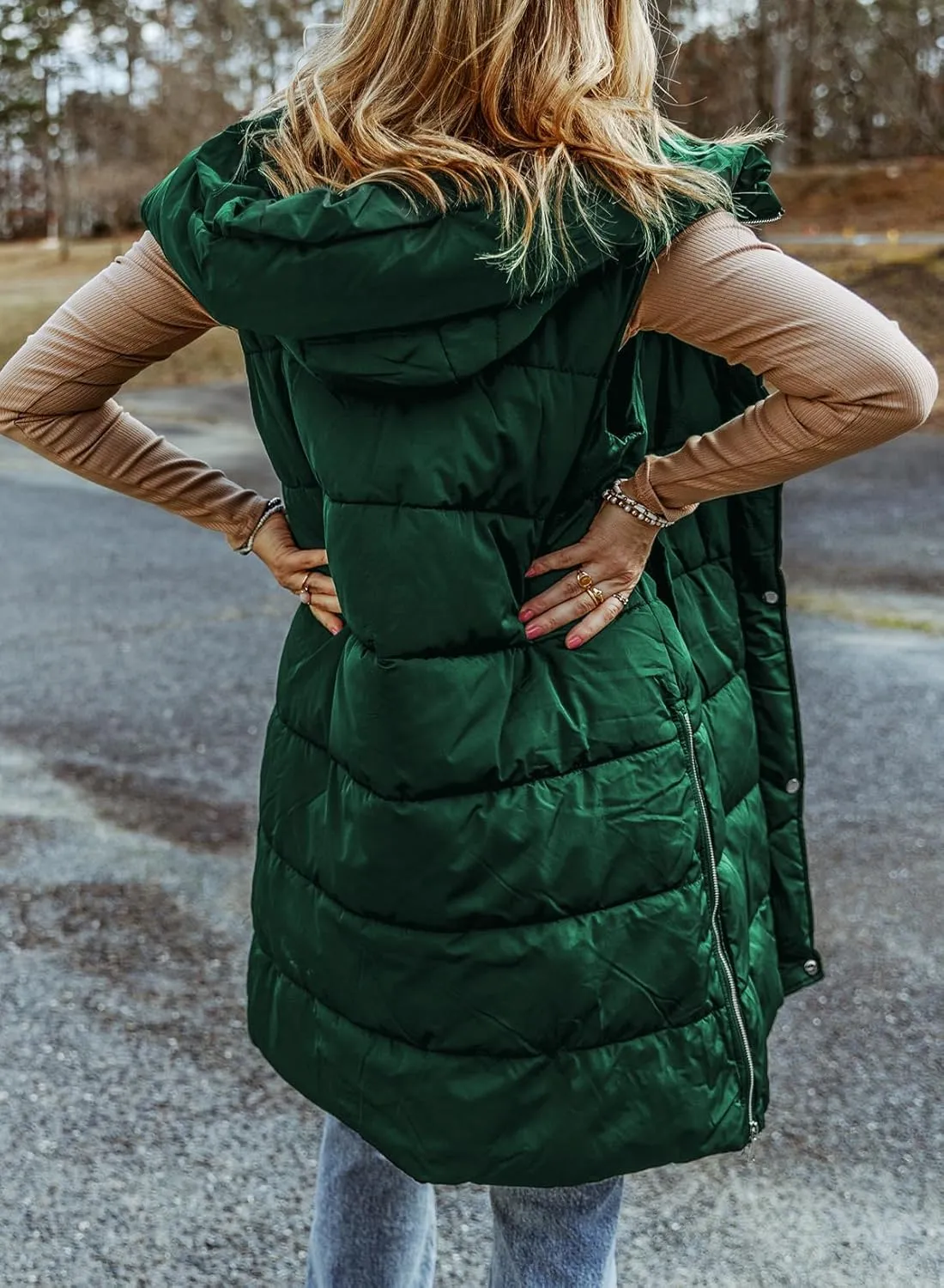 EVALESS Womens Long Puffer Vest Quilted Hooded Sleeveless Zip Up Down Jacket Winter Warm Lightweight Gilet Coat Outerwear
