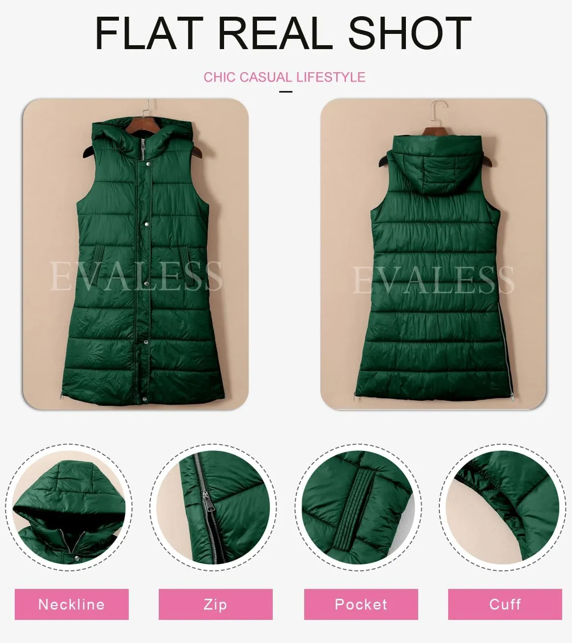 EVALESS Womens Long Puffer Vest Quilted Hooded Sleeveless Zip Up Down Jacket Winter Warm Lightweight Gilet Coat Outerwear