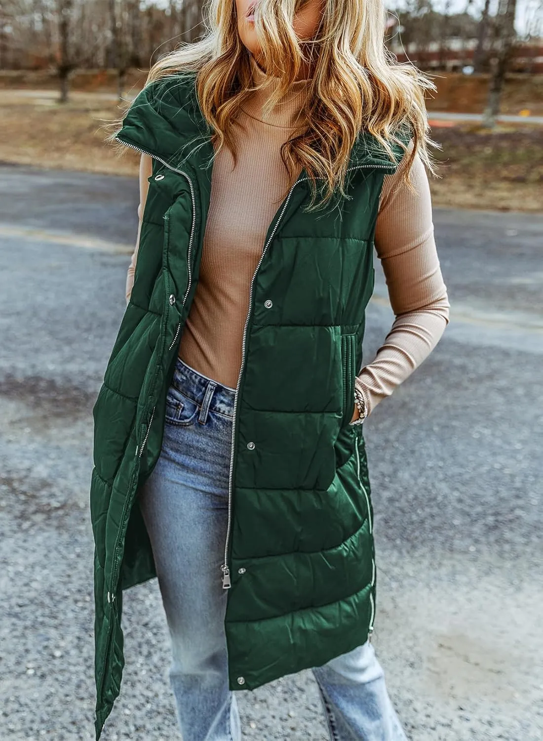 EVALESS Womens Long Puffer Vest Quilted Hooded Sleeveless Zip Up Down Jacket Winter Warm Lightweight Gilet Coat Outerwear
